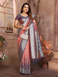 Peach Summer Special Pure Lichi Silk Designer Saree