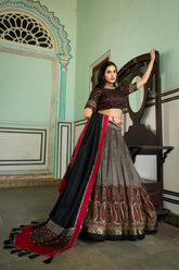 Gray Color Kashmiri Print Tussar Silk Lehenga Choli