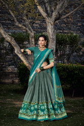 Sea green Tussar silk floral print lehenga choli