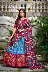 Firozi Tussar Silk Pichwai & Patola Print Lehenga Choli