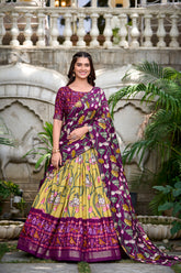Yellow Tussar Silk Pichwai & Patola Print Lehenga Choli