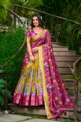 Mustard Color Kalamkari Dola Silk Lehenga Choli