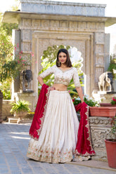Off White Vichitra Silk Stitched Lehenga