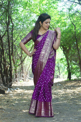 Wine Handmade Bandhej Kanjivaram Silk Saree