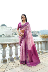 Pink Color Elegant Soft Silk Saree with Floral Printed Contrast Border, Rich Zari Pallu & All-Over Zari Weaving Pattern | Designer Saree with Contrast Blouse Piece.