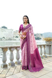 Pink Color Elegant Soft Silk Saree with Floral Printed Contrast Border, Rich Zari Pallu & All-Over Zari Weaving Pattern | Designer Saree with Contrast Blouse Piece.