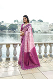 Pink Color Elegant Soft Silk Saree with Floral Printed Contrast Border, Rich Zari Pallu & All-Over Zari Weaving Pattern | Designer Saree with Contrast Blouse Piece.