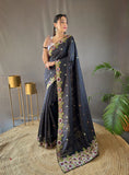Black Pure Tussar Silk Saree with Embroidery Work