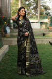 Black Handmade Bandhej Silk Saree With Matching Blouse