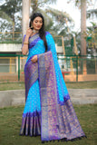 Blue Handmade Bandhej Kanjivaram Silk Saree With Bandhej Design