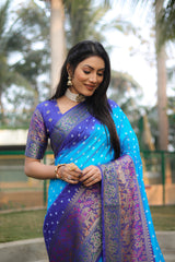 Blue Handmade Bandhej Kanjivaram Silk Saree With Bandhej Design