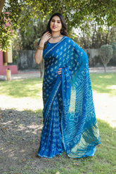 Blue Bandhej Silk Saree with Zari Weaving