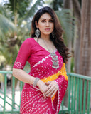 Dark Pink Pure Bandhej Silk Saree With Tissue Pallu