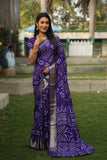 Dark Blue Handmade Bandhej Silk Saree With Matching Blouse