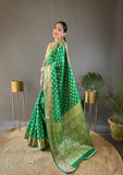 Green Rosy Soft Silk Saree with Beautiful Border, Rich Pallu & Full Brocade | Unstitched Blouse Included.