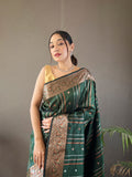 Elegantly Green Color Woven Silk Saree with Silver, Copper, and Antique Detailing: Jacquard Border and All-Over Zari Lining with Unstitched Blouse Piece.