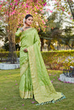 Green Satin Saree Kanjivaram Silk With Floral Print