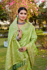 Green Satin Saree Kanjivaram Silk With Floral Print
