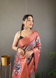 Pure Gray Tussar Silk Saree with Handpainted Kalamkari Print, Contrast Zari Weaving Border, Zari Woven Pallu, and Coordinated Contrast Printed Blouse.