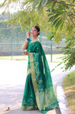 Green Linen Saree with Zari Pallu