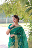Green Linen Saree with Zari Pallu