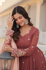 Premium Light Red Designer Gown - Faux Georgette with Zari Thread & Sequins Embroidery for Women.