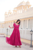 Luxury Designer Pink Gown in Faux Blooming Fabric with Zari & Sequins Embroidery – High-Quality Ethnic Wear for Desirable Women.
