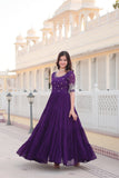 Luxury Designer Purple Gown in Faux Blooming Fabric with Zari & Sequins Embroidery β High-Quality Ethnic Wear for Desirable Women.