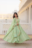 Premium Pista Color Faux Georgette Gown with Zari & Sequins Embroidery and Matching Dupatta with Designer Lace Border.