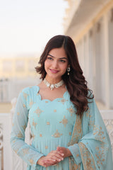 Premium Sky Color Faux Georgette Gown with Zari & Sequins Embroidery and Matching Dupatta with Designer Lace Border.