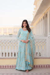 Premium Sky Color Faux Georgette Gown with Zari & Sequins Embroidery and Matching Dupatta with Designer Lace Border.