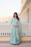 Premium Sky Color Faux Georgette Gown with Zari & Sequins Embroidery and Matching Dupatta with Designer Lace Border.