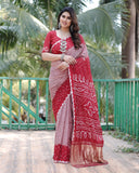 Light Red Pure Bandhej Silk Saree With Tissue Pallu