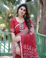 Light Red Pure Bandhej Silk Saree With Tissue Pallu