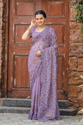 Lavender Chiffon Saree Cutwork Embroidery Floral