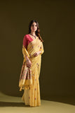 Yellow Color Soft Muga Cotton Saree Floral Weaving