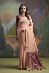Peach Color Soft Muga Cotton Saree For Women