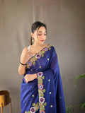 Navy Color Pure Tussar Silk Saree With Embroidery Work