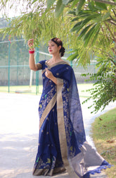 Navy Blue Linen Silk Saree