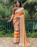 Orange Chiffon Sarees With Gold Foil Print