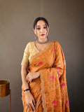 Orange Tussar Silk Saree with Embroidery Design