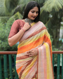 Orange Chiffon Sarees With Gold Foil Print