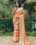 Orange Chiffon Sarees With Gold Foil Print