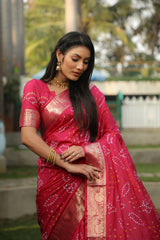 Pink Handmade Bandhej Silk Saree With Matching Blouse