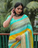 Pista Chiffon Silk With Gold Foil Print Light Weight Saree For Weddings