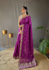 Purple Tussar Saree in Silk with Embroidery Work