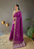 Purple Tussar Saree in Silk with Embroidery Work