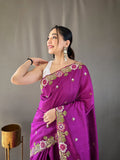 Purple Tussar Saree in Silk with Embroidery Work