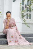 Peach Chiffon Saree Floral Printed With Embroidery