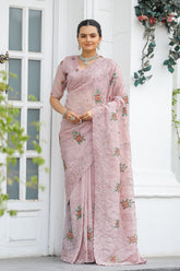 Peach Chiffon Saree Floral Printed With Embroidery